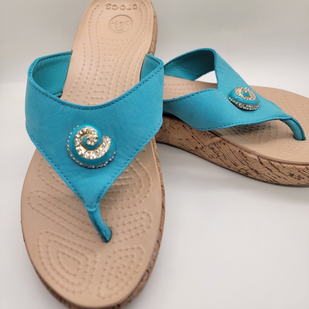 Crocs A-Leigh Jewel Wedge Flip Flops Women 7 Turquoise Leather Rhinestone Sandal - Picture 11 of 11